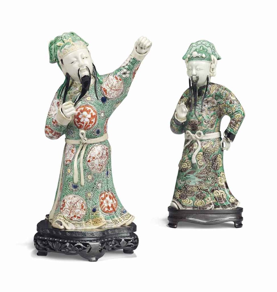 TWO CHINESE FAMILLE VERTE BISCUIT FIGURES OF OFFICIALS by Anonymous