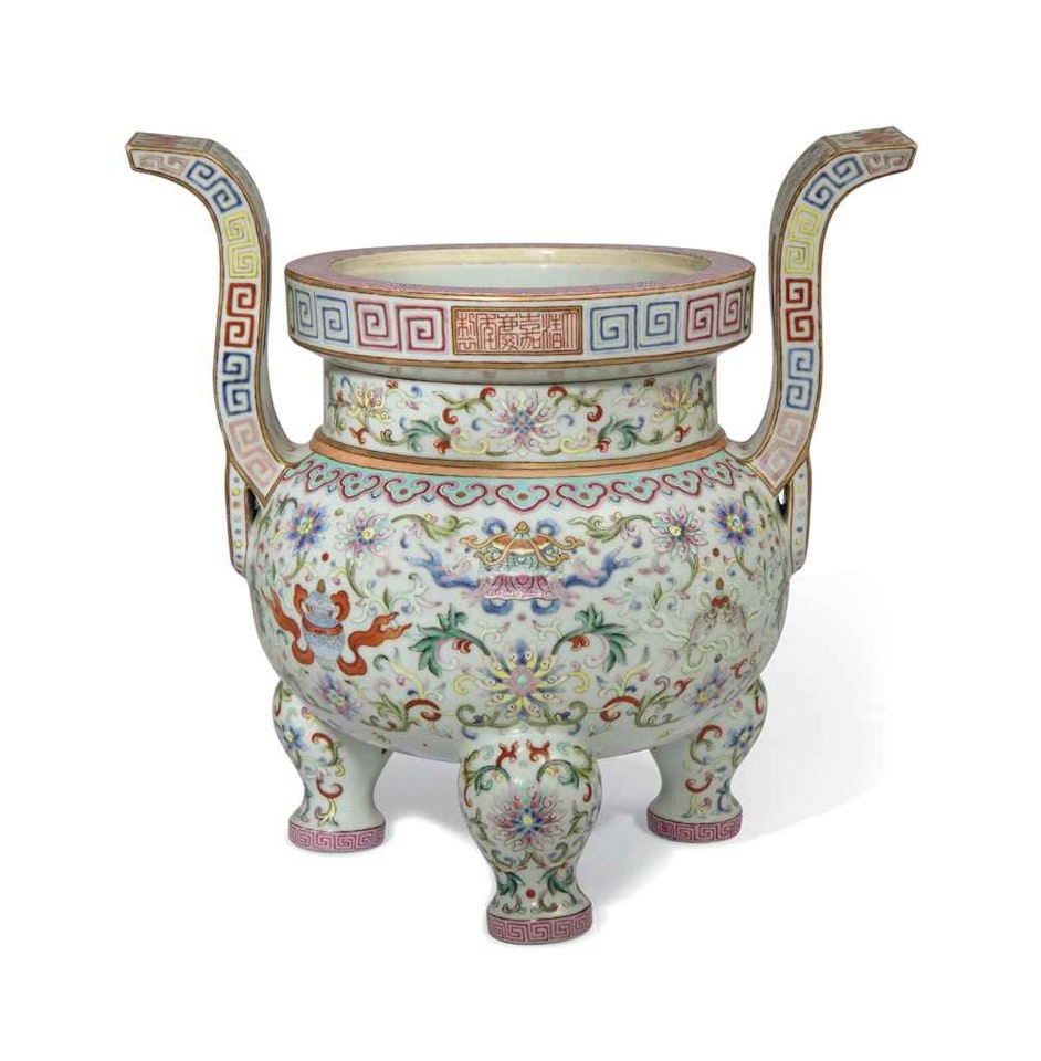A FAMILLE ROSE 'BAJIXIANG' TWO-HANDLED TRIPOD CENSER, DING by Anonymous