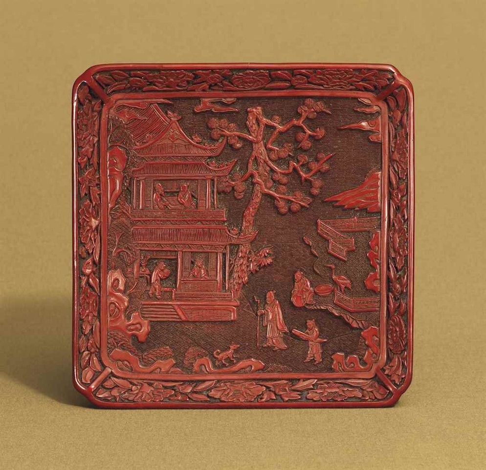 A CARVED CINNABAR LACQUER SQUARE TRAY by Anonymous