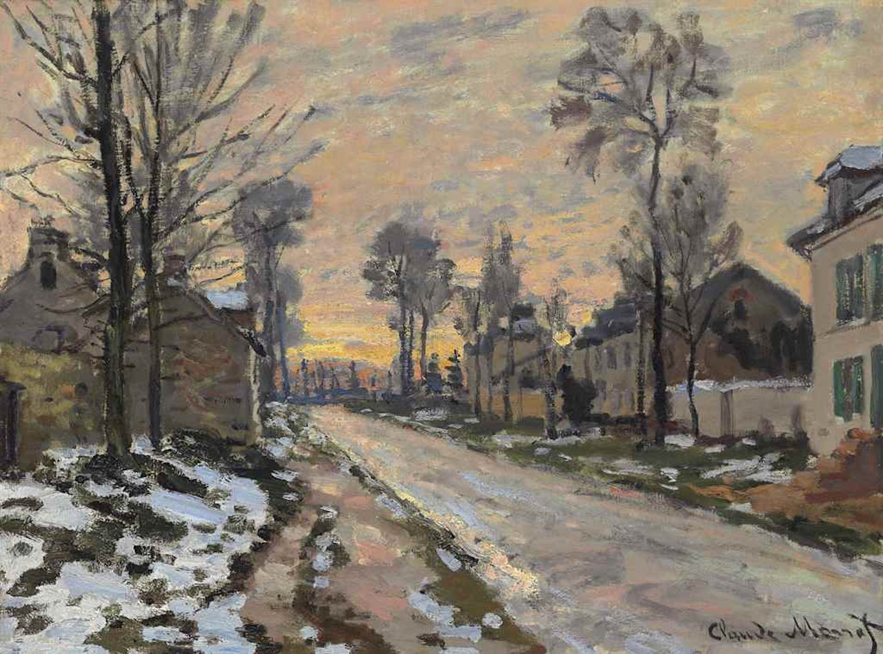 Route à Louveciennes, neige fondante, soleil couchant by Claude Monet