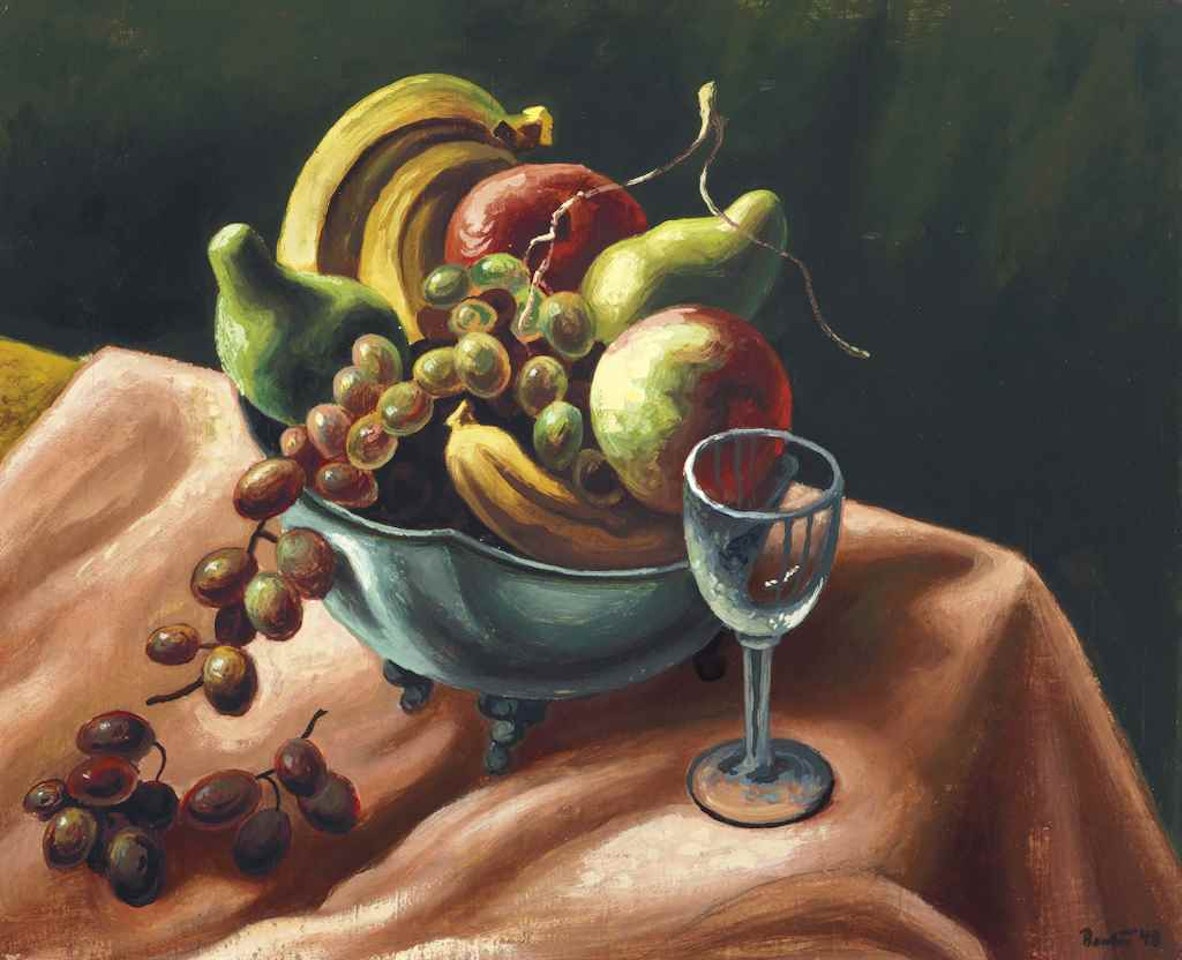 Still Life with Pink Cloth (Fruit on Pink Cloth) by Thomas Hart Benton