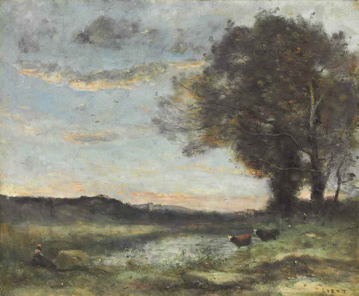 Groupe d'arbres au bord d'un marais, avec deux vaches (Soleil levant) by Jean Baptiste Camille Corot