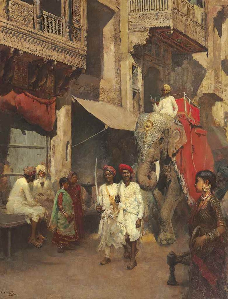 Promenade on a Street in Ahmedabad with the Rajah’s Elephant led by Two Retainers by Edwin Lord Weeks