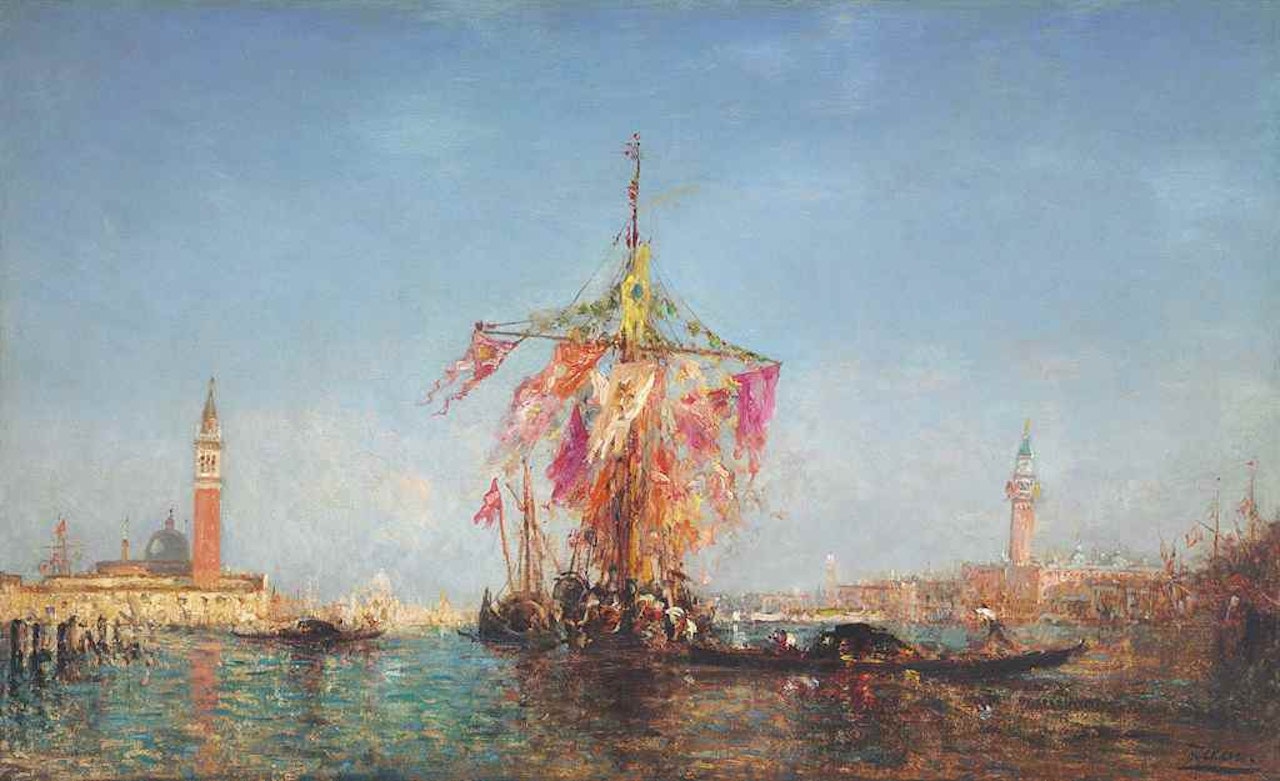 Bateau pavoisé sur le bassin, Venise by Félix Ziem