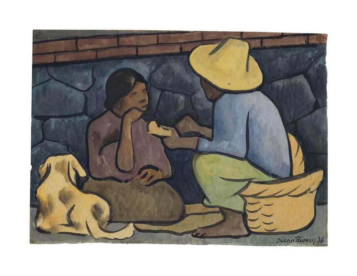 La merienda (also known as Grupo comiendo con canasta y perro) by Diego Rivera