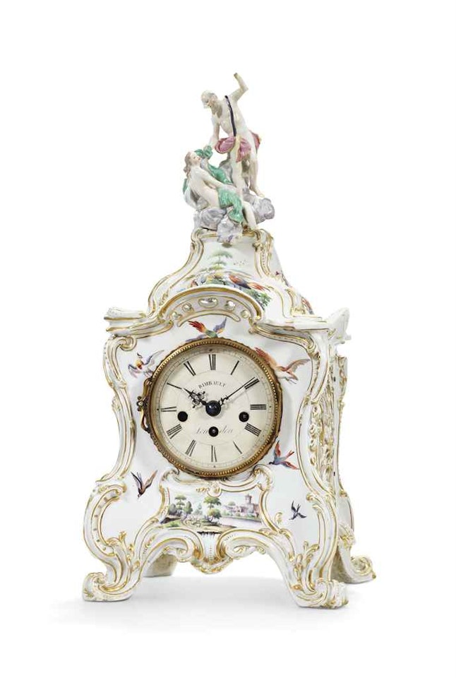 A CHELSEA PORCELAIN GILT-METAL MOUNTED STRIKING MUSICAL TABLE-CLOCK by Anonymous