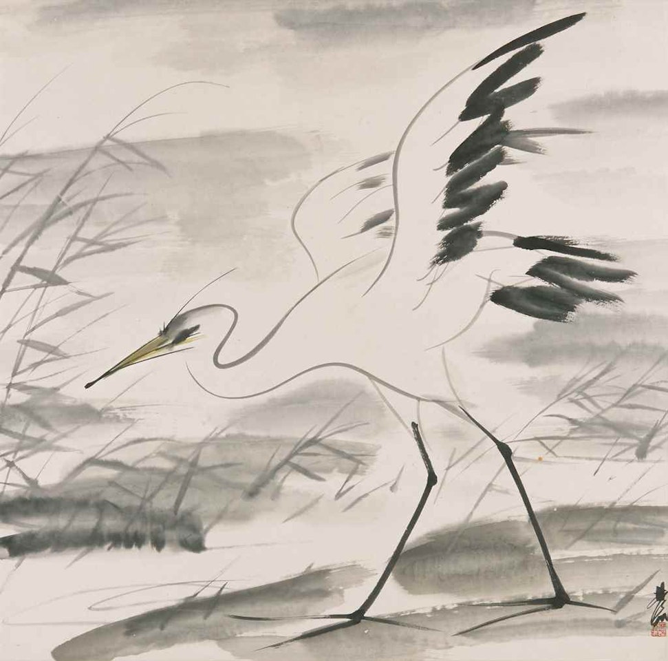 EGRET WALKING THROUGH A FIELD OF REEDS by Lin Fengmian