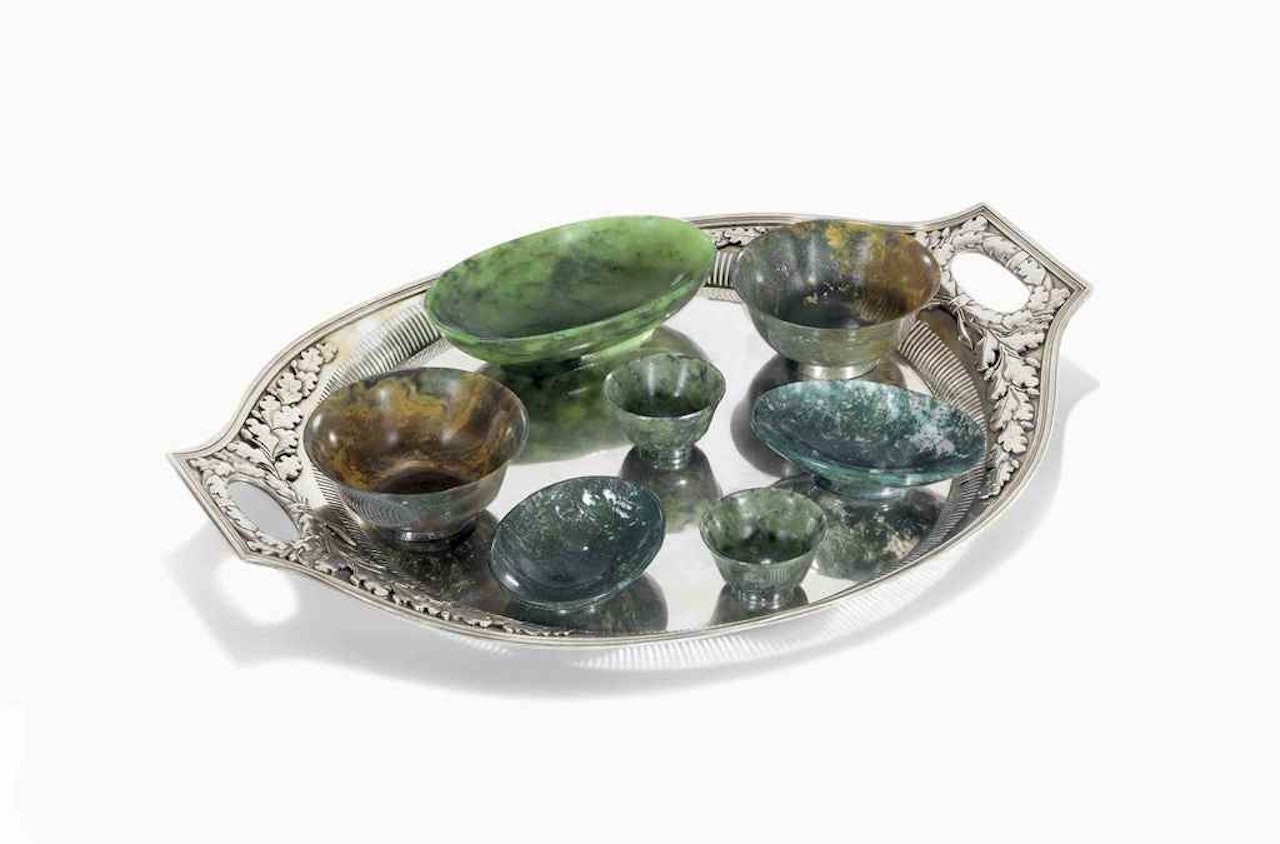 A GROUP OF A SILVER TRAY AND SEVEN MOSS AGATE AND NEPHRITE BOWLS by Anonymous