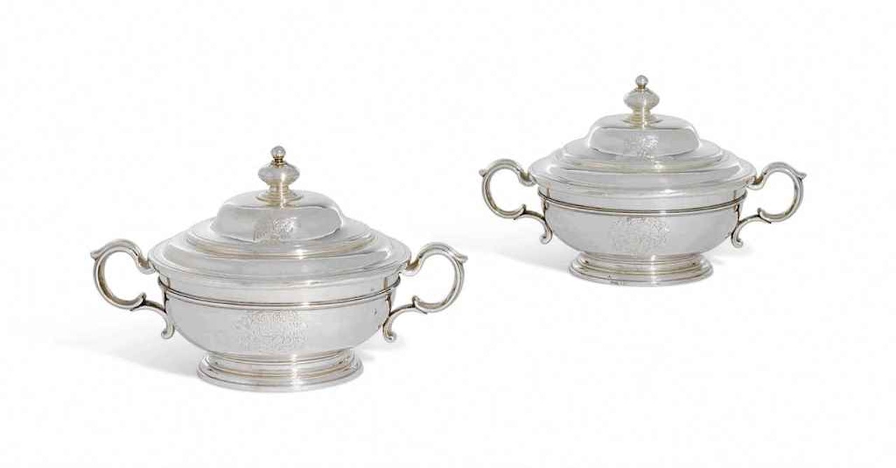 A PAIR OF QUEEN ANNE SILVER BOWLS AND COVERS by Anonymous