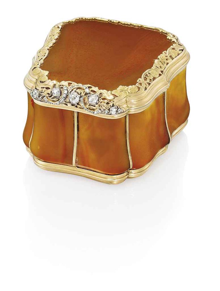 A GEORGE II JEWELLED GOLD-MOUNTED HARDSTONE SNUFF-BOX by Anonymous