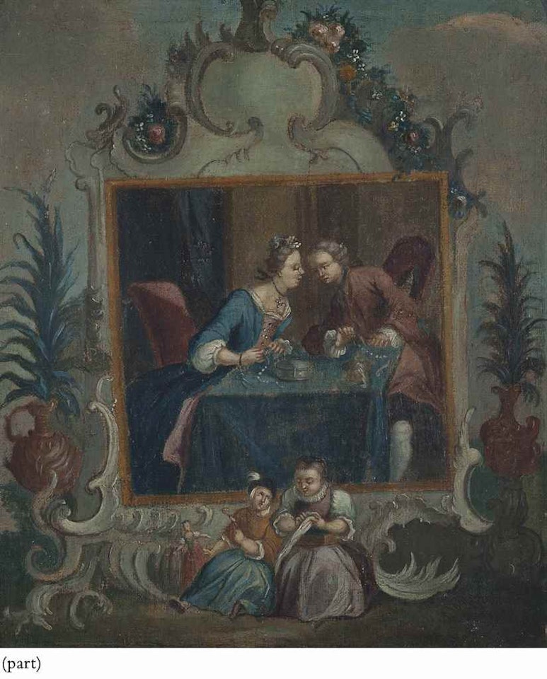 Figures dancing, surrounded by a decorative cartouche; and Figures conversing in an interior, surrounded by a decorative cartouche by German School