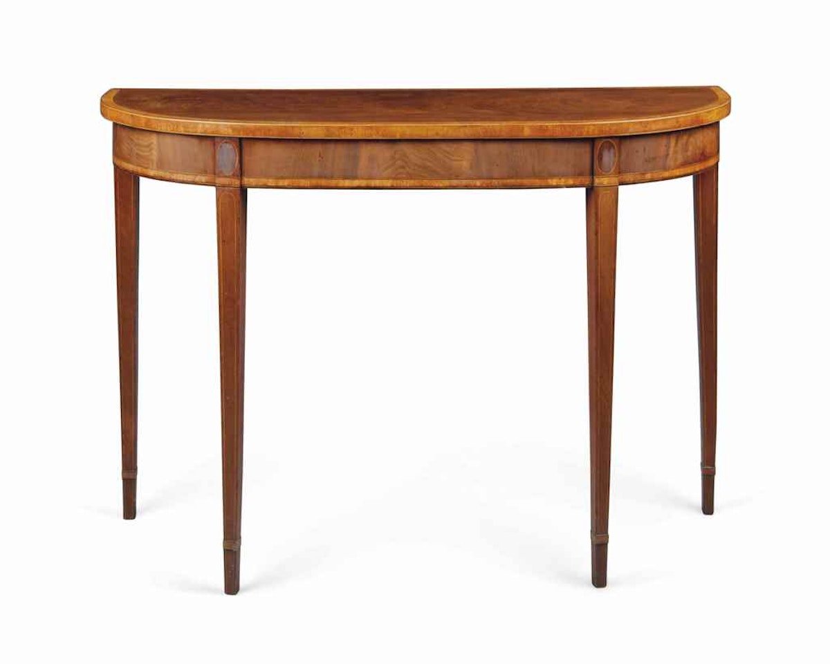 A LATE GEORGE III MAHOGANY AND FRUITWOOD BANDED SIDE TABLE by Anonymous