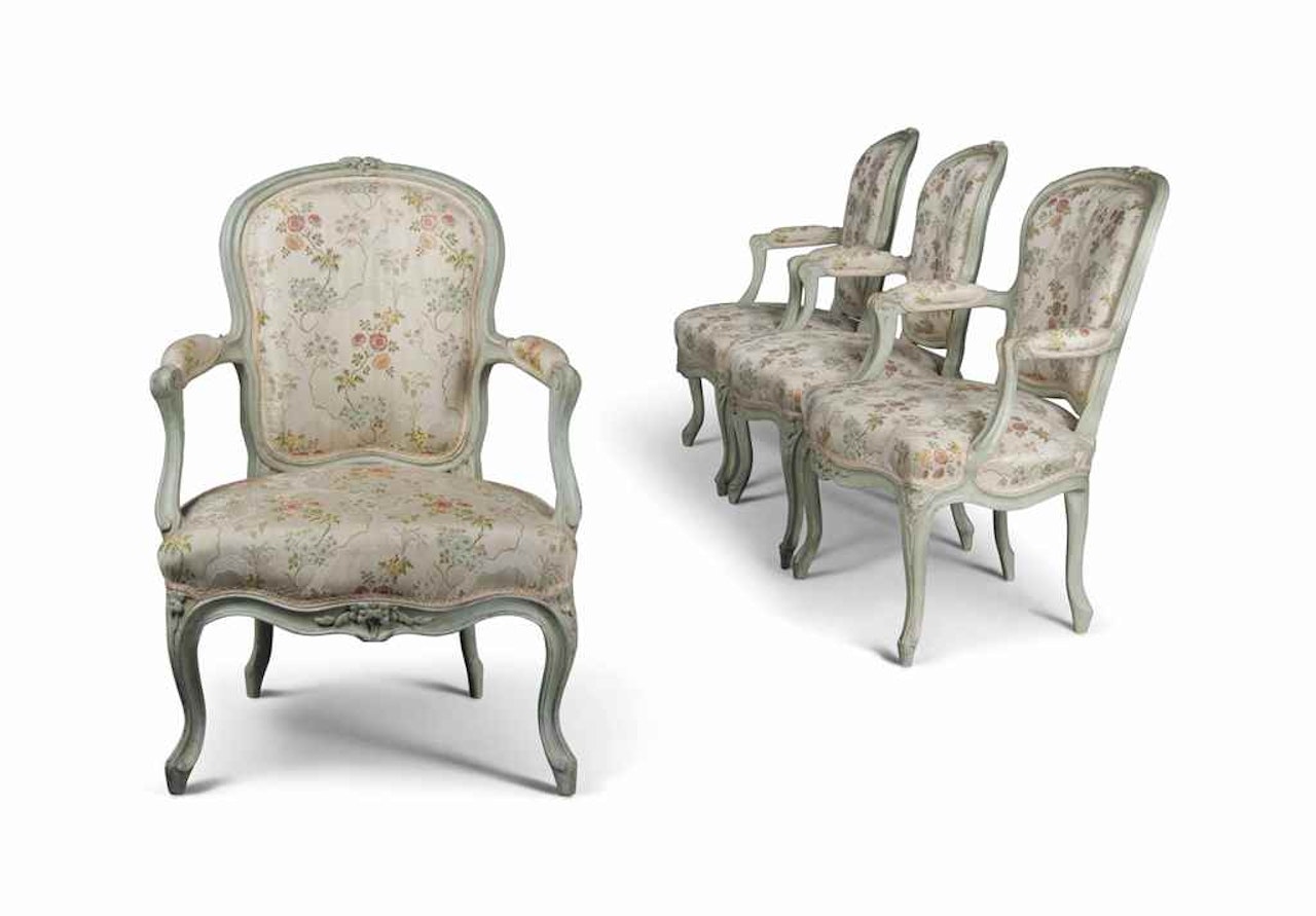 A SET OF FOUR LOUIS XV BLUE-PAINTED FAUTEUILS by Anonymous