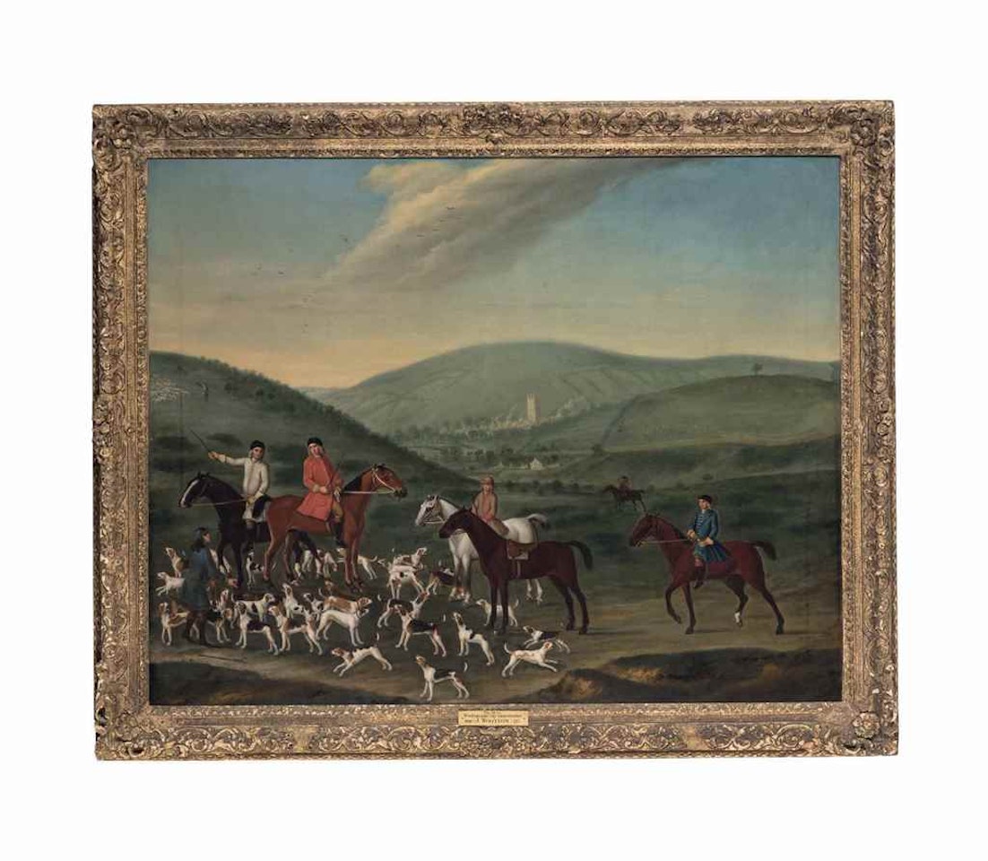 A group portrait, probably of Thomas Veel (d.1752), Robert Veel (d.1742) and William Veel (c.1720/1-26 January 1783) of Simondshall with their huntsmen and hounds, near Wooton-under-Edge, Gloucestershire by English School
