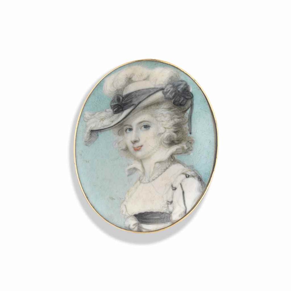 A young lady in white dress and wide-brimmed hat with black ribbon and ostrich plumes by Richard Cosway