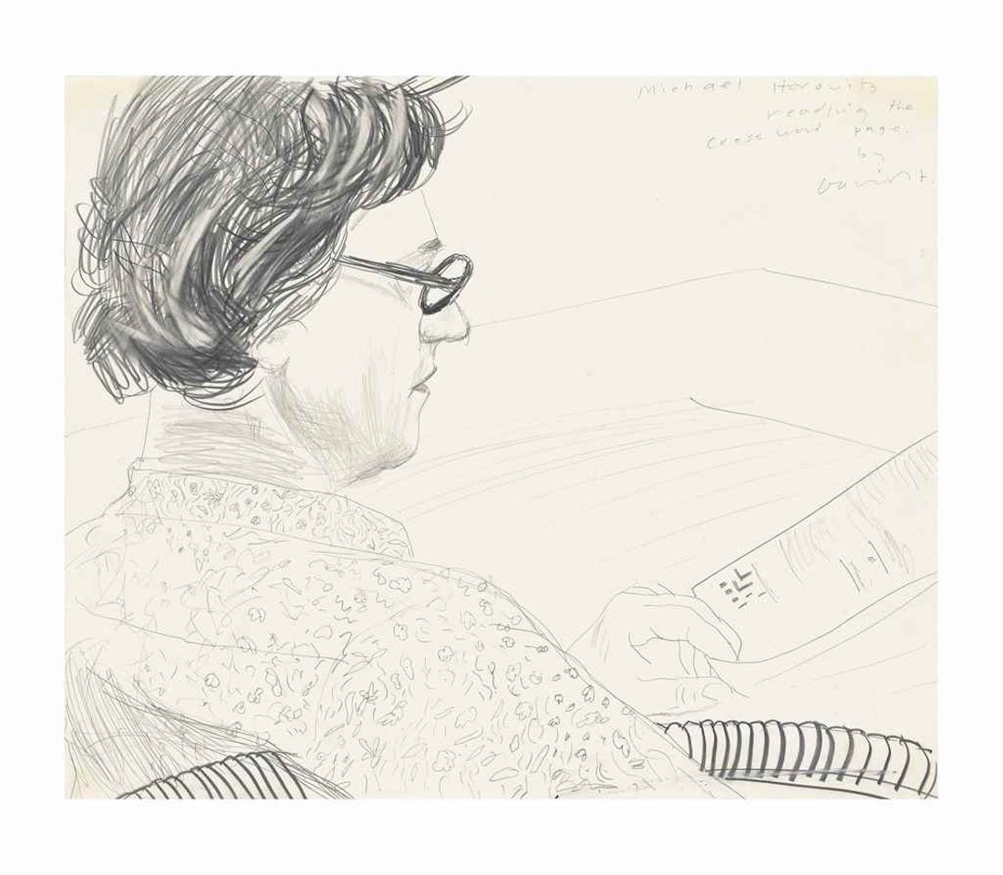 Michael Horovitz reading the crossword page by David Hockney