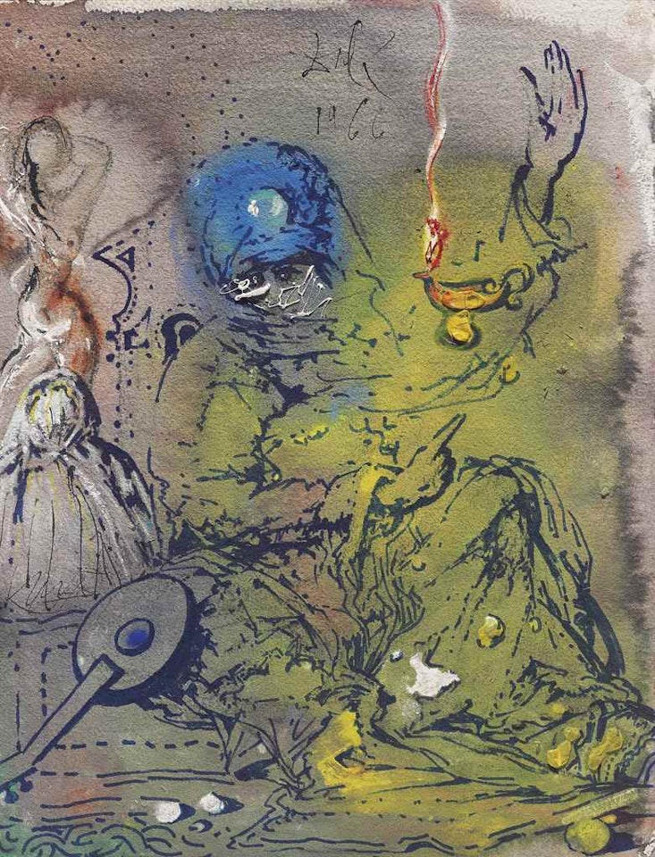 Femme voilée avec un turban bleu et lampe allumée by Salvador Dali