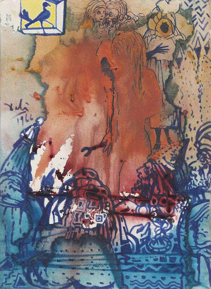 Vieux magicien Ottoman, femme nue et corbeau à la fenêtre by Salvador Dali