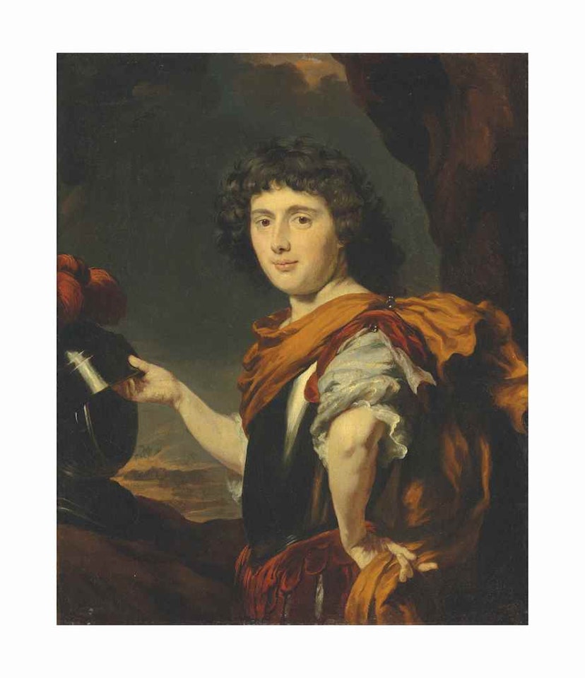 Portrait of a gentleman, half-length, in a breast plate, a plumed helmet in his right hand, in a landscape by Nicolaes Maes