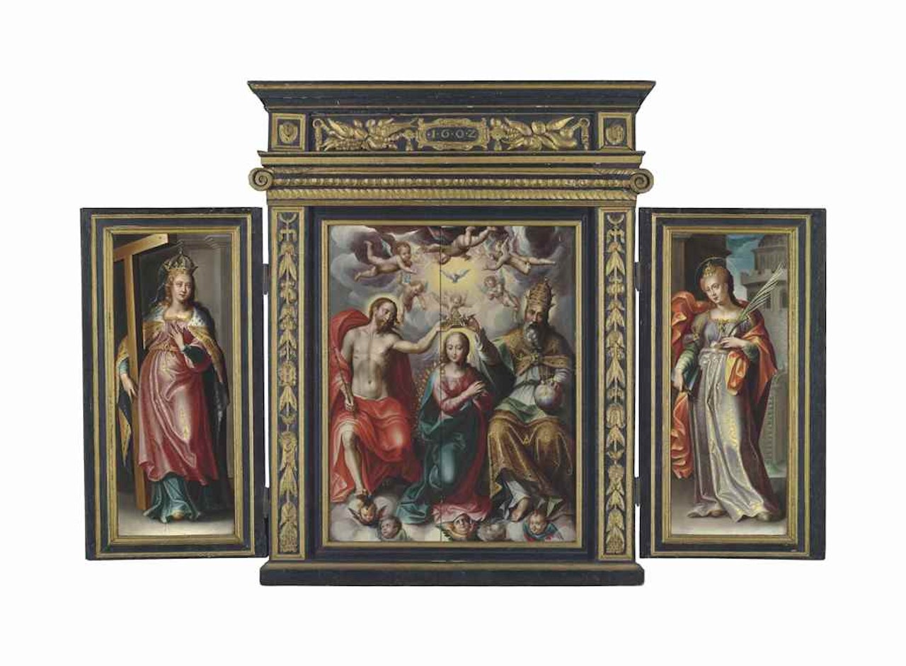 A triptych: central panel: The Coronation of the Virgin; the wings: Saint Helena; and Saint Barbara; outer faces: The Annunciation by Flemish School