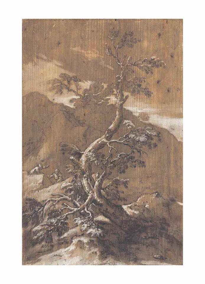 A rocky landscape with a tree and two figures by Salvator Rosa