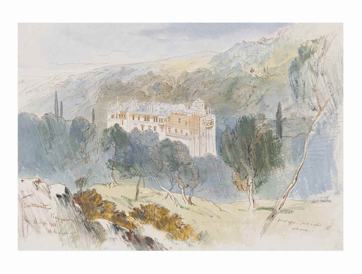 The Monastery of Konstatmonitou, Mount Athos by Edward Lear