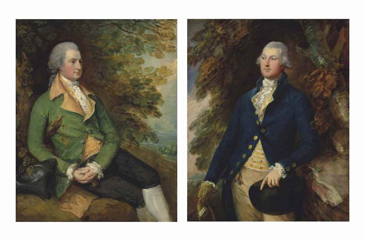 Portrait of Thomas Brooke (?1755-1820), three-quarter-length, in a green frock coat, resting by a tree in wooded landscape; and Portrait of Sir Richard Brooke, 5th Bt. (1753-1795), three-quarter-length, in a yellow striped waistcoat and blue frock coat, in a wooded landscape by Thomas Gainsborough