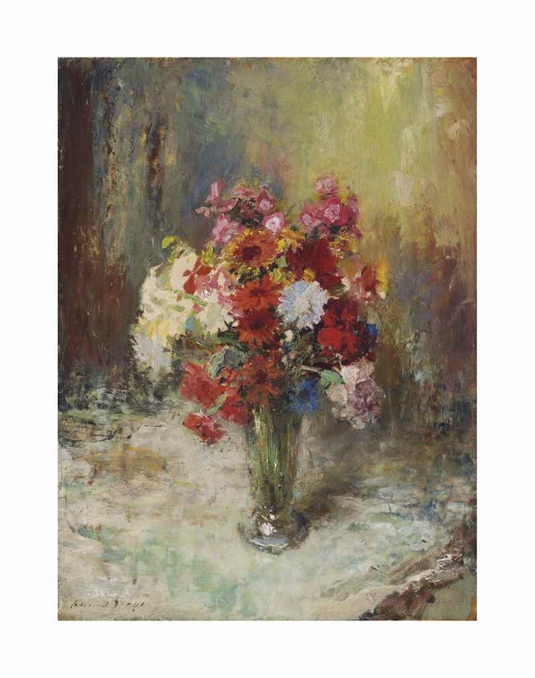 Flowers in a glass vase by Edward Seago