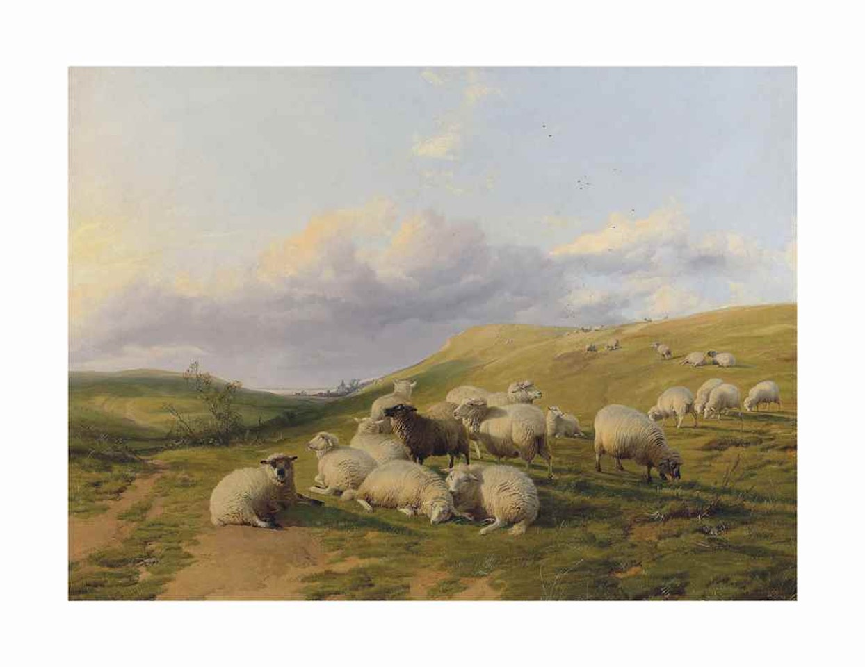 Sheep in an open hilly landscape by Thomas Sidney Cooper