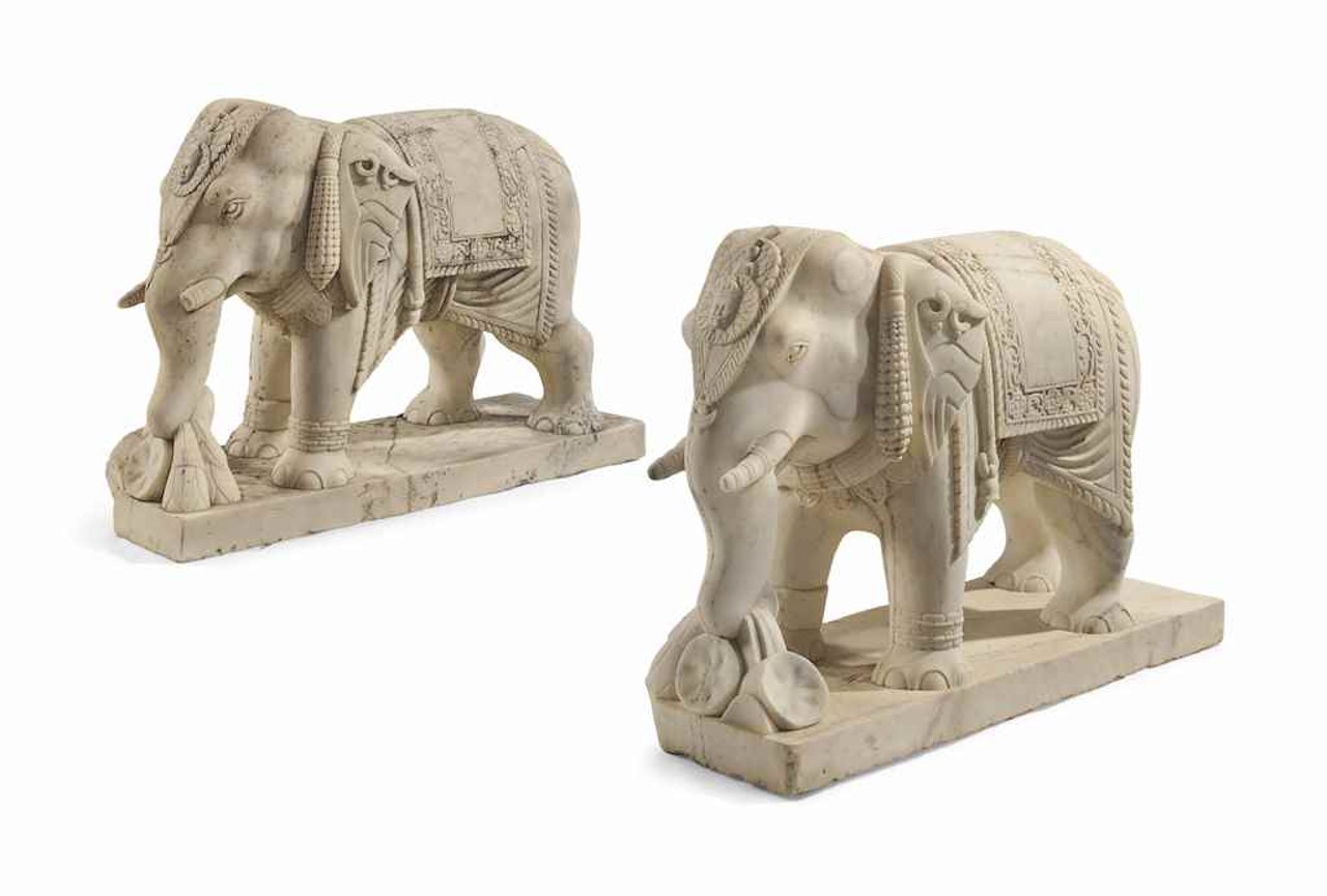 A PAIR OF INDIAN MARBLE ELEPHANTS by Anonymous