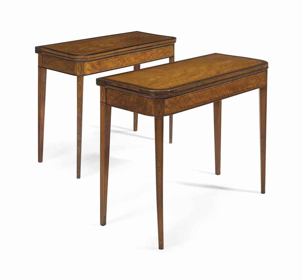 A PAIR OF GEORGE III SATINWOOD INLAID-MAHOGANY AND PARCEL-EBONIZED GAME AND TEA TABLES by Anonymous