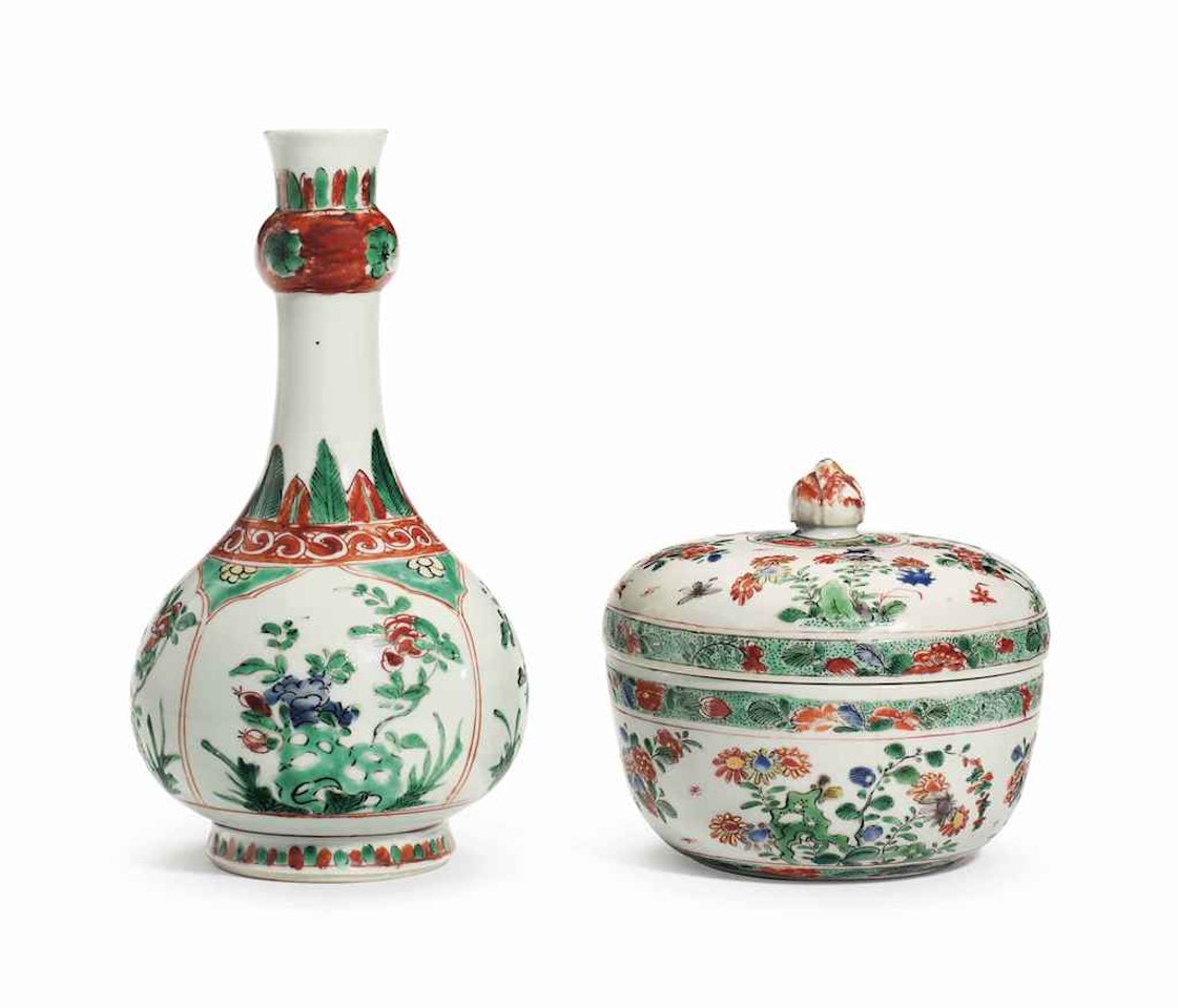 A CHINESE FAMILLE VERTE BOTTLE VASE, AND A BOWL AND COVER by Anonymous