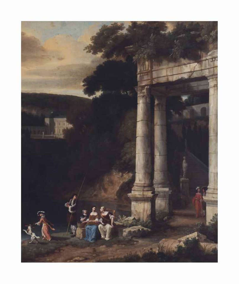 Figures among architectural ruins, a stately home in the distance by Dutch School
