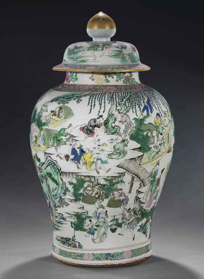 A MASSIVE AND SUPERBLY-DECORATED FAMILLE ROSE BALUSTER JAR AND COVER by Anonymous