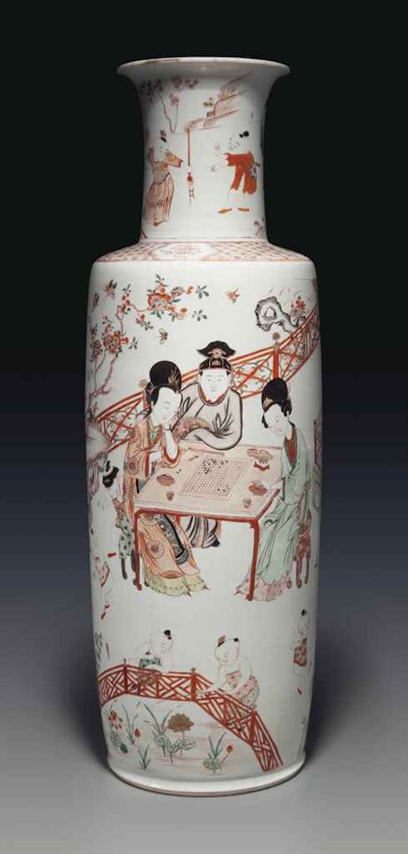 A LARGE FAMILLE VERTE, IRON-RED AND GILT-DECORATED ROULEAU VASE by Anonymous