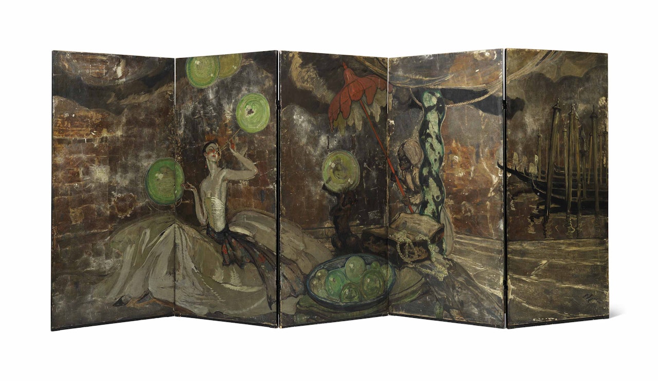 'ELEGANTE AUX BALLONS', A FIVE-FOLD SCREEN by Jean Gabriel Domergue