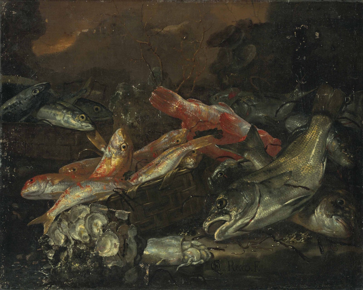 Fish and oysters on a wooden table, a landscape beyond by Giuseppe Recco