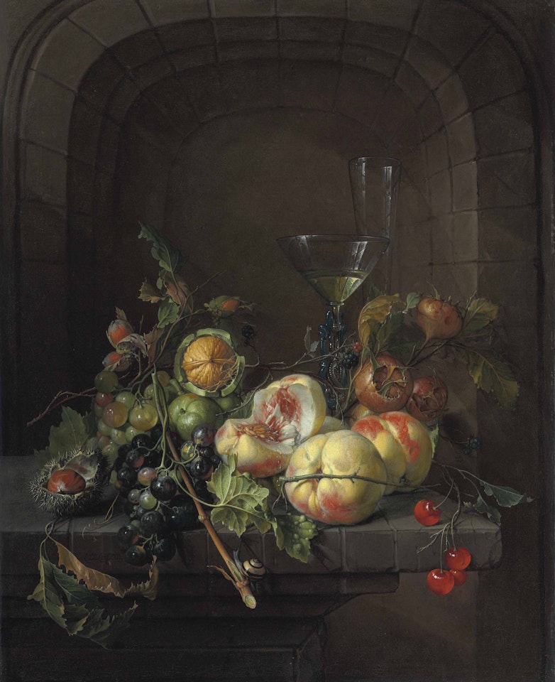 Peaches, grapes, medlars, walnuts, a hazelnut, cherries, and black raspberries with a snail, a façon de venise glass of wine, and a flute glass on a stone ledge before a niche by Cornelis de Heem