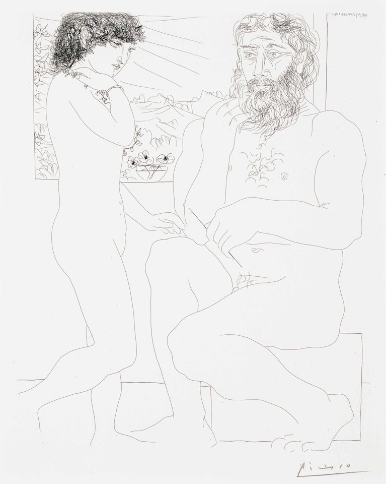 Sculpteur songeant, modèle aux cheveux noirs et bol avec trois anémones, from La Suite Vollard by Pablo Picasso