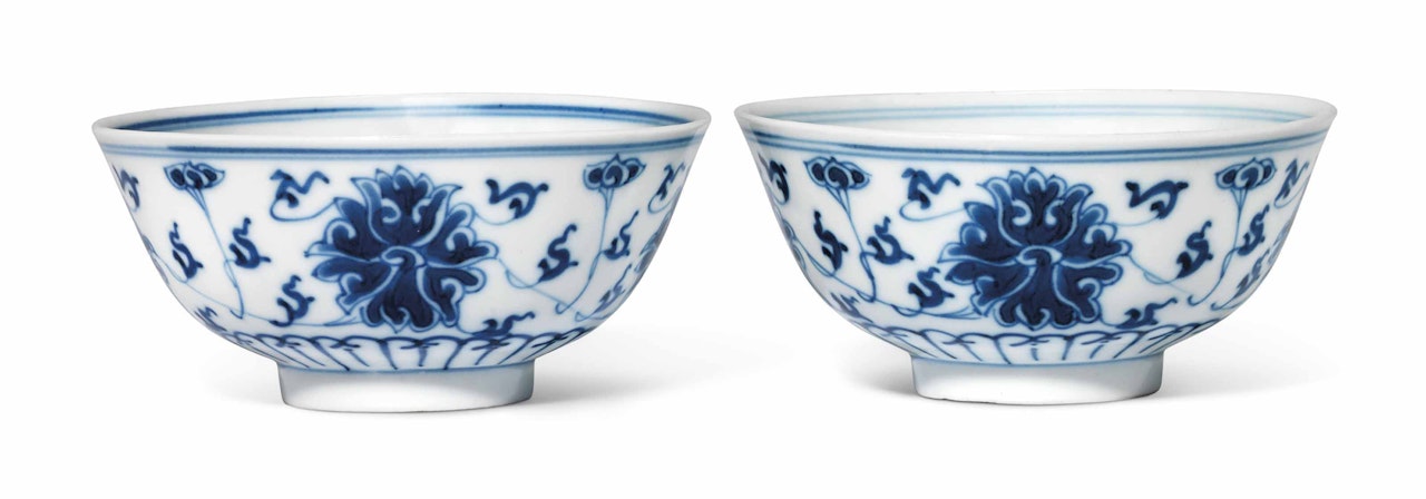 A PAIR OF BLUE AND WHITE 'LOTUS' BOWLS by Anonymous