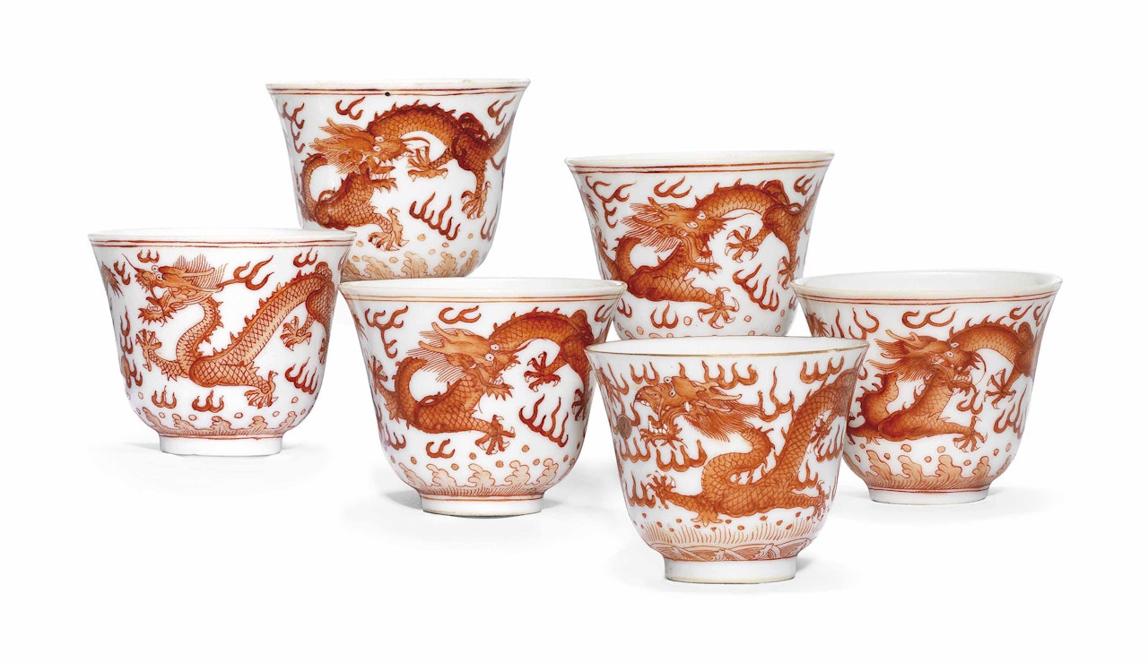 A SET OF SIX IRON-RED-DECORATED 'DRAGON' WINE CUPS by Anonymous