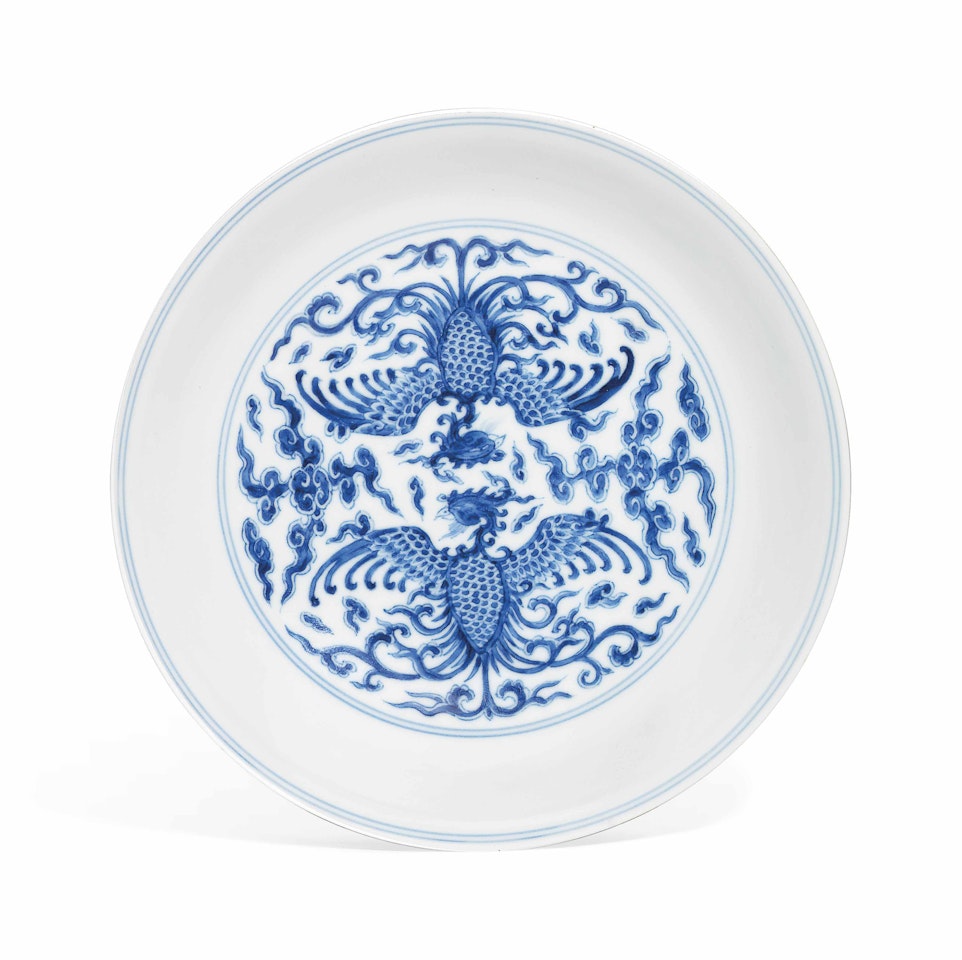 A BLUE AND WHITE 'DOUBLE PHOENIX' DISH by Anonymous