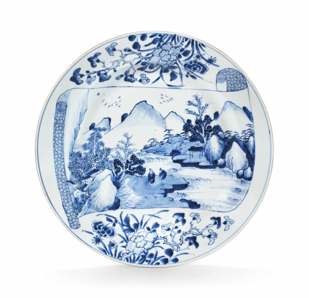 A LARGE BLUE AND WHITE 'LANDSCAPE SCROLL' DISH by Anonymous
