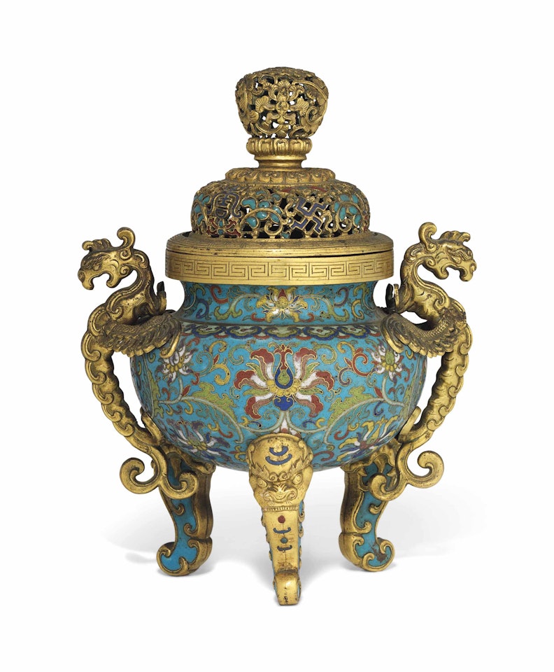 A CLOISONNÉ ENAMEL PHOENIX-HANDLED TRIPOD CENSER AND COVER by Anonymous
