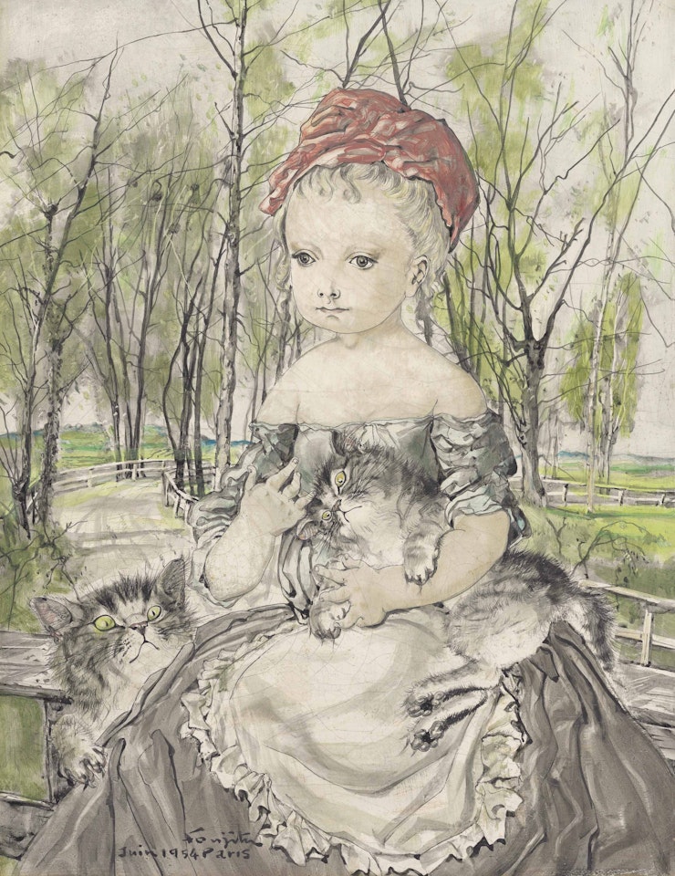 Jeune fille avec ses chats by Leonard Tsuguharu Foujita