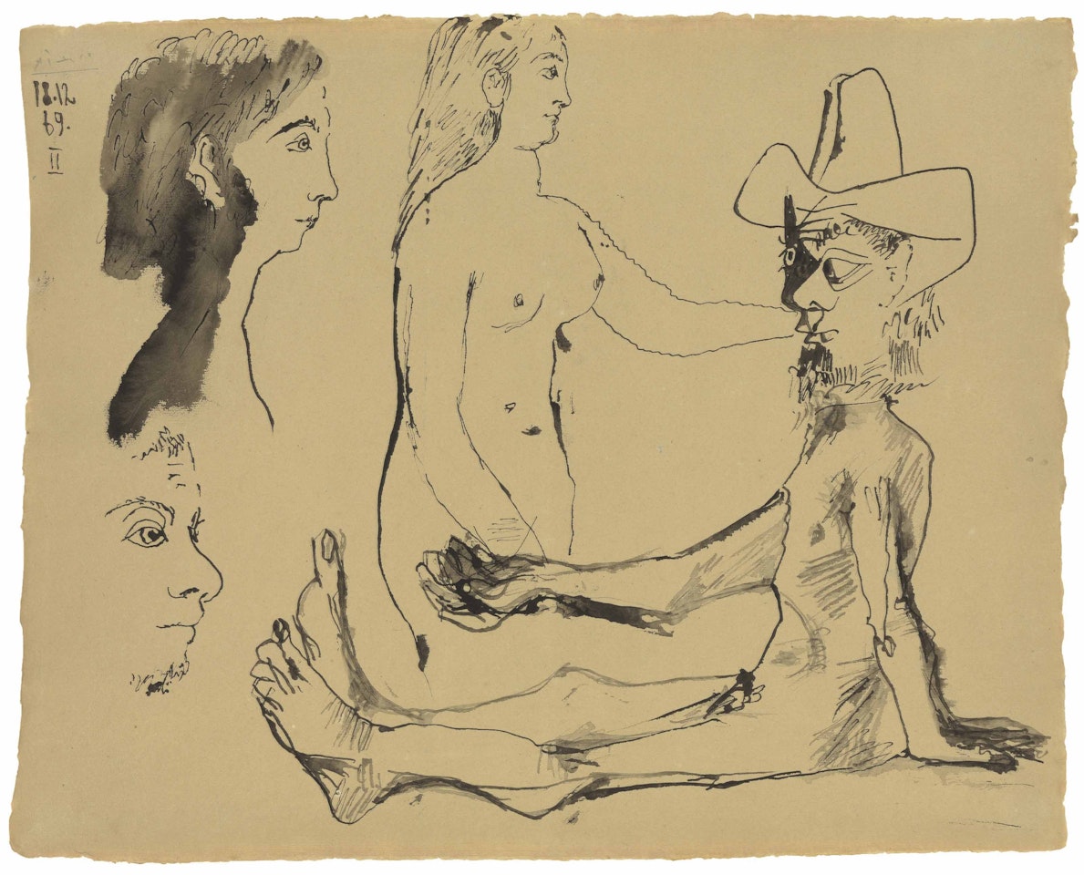 Homme et femme nus et deux têtes by Pablo Picasso