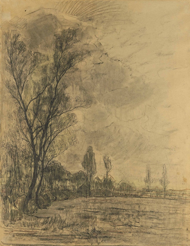 Veld met links een rij bomen by Piet Mondrian