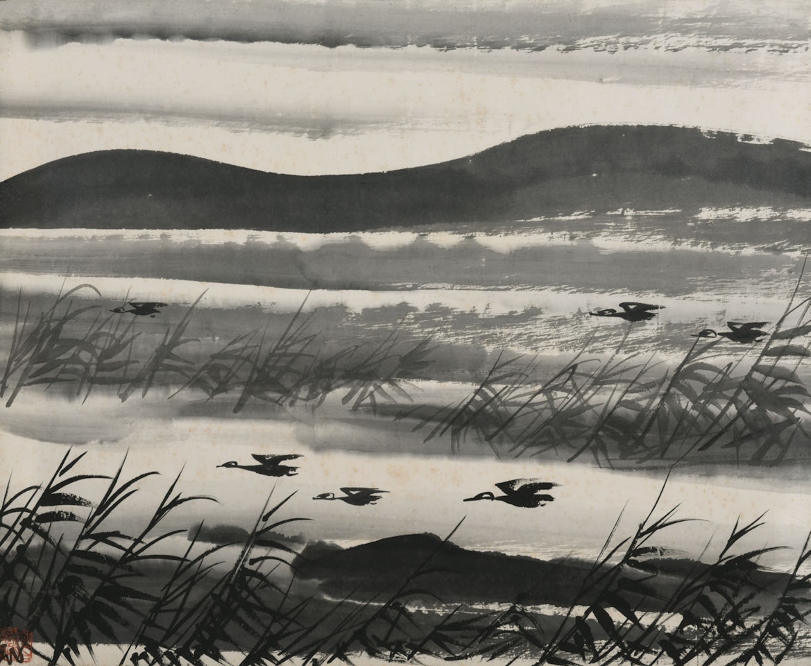 Wild Geese Over Reedy Pond by Lin Fengmian