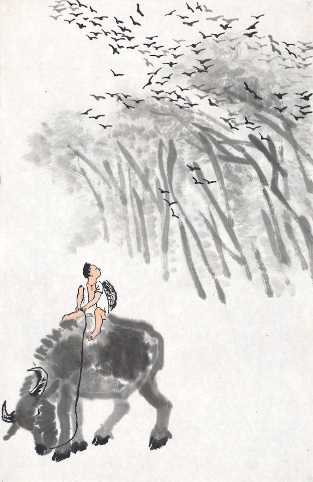 Boy on Buffalo Amidst Returning Birds by Li Keran