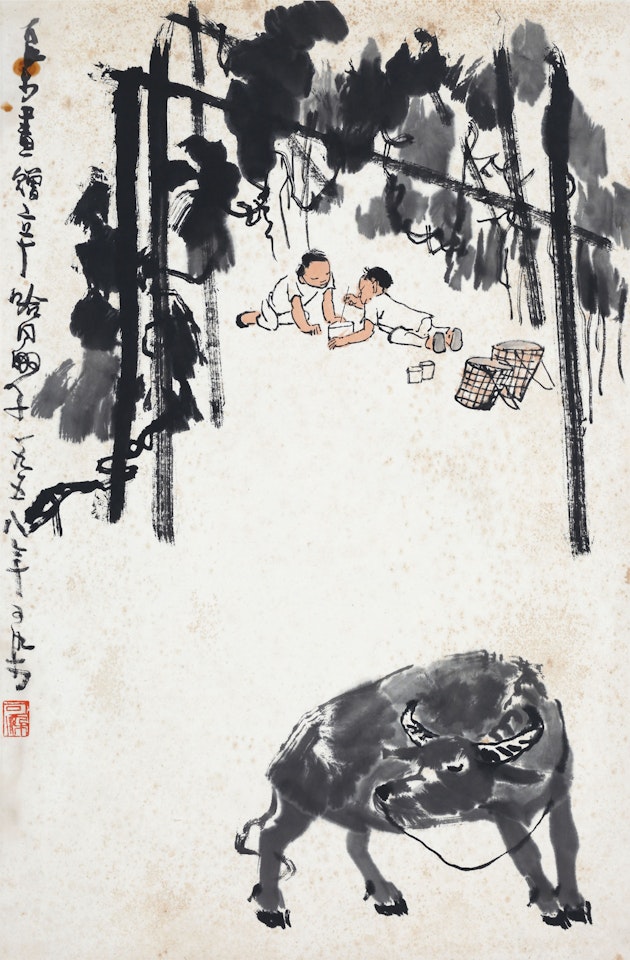 Buffalo and Two Boys Under Vine by Li Keran